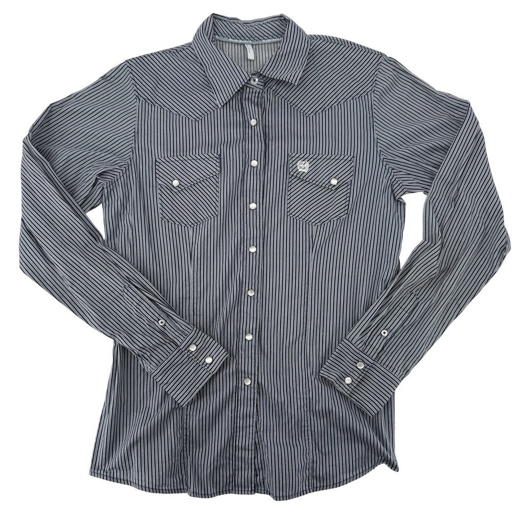 Cinch Womens Navy White Striped Western Long Sleeve Pearl Snap Shirt Large 12687